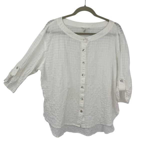 Eileen Fisher White Windowpane Weave Button Up 3/4 Sleeve Top Size PL/PG Minimal - Picture 1 of 11